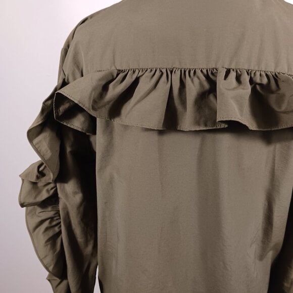 Gianni Bini Dark Khaki Jacket W/Ruffled Back & Sleeves, Size Medium, Utility - Picture 7 of 16